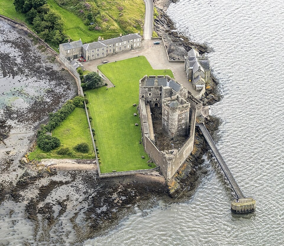 Aerial view of Blackness Castle on the coast